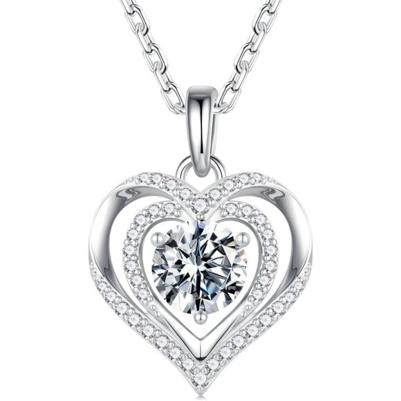 Double Heart Moissanite Necklace for Women 1-3 Carat Sterling Silver Gift